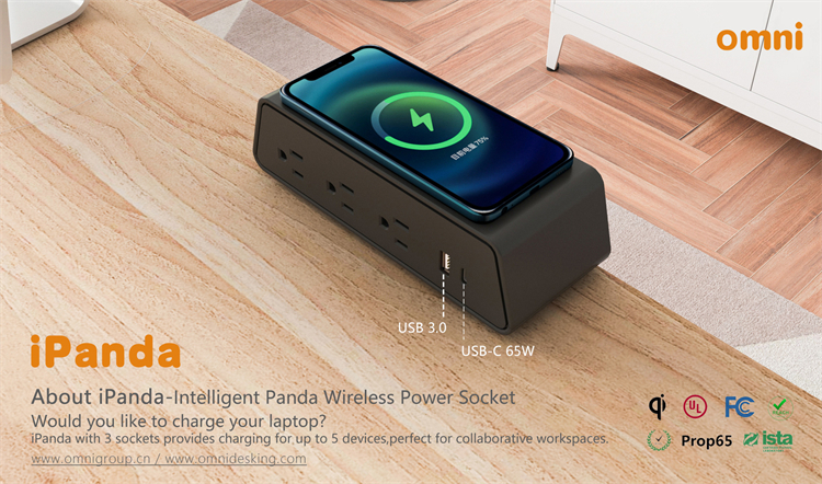 Desk mounted sockets with wireless quick charge.